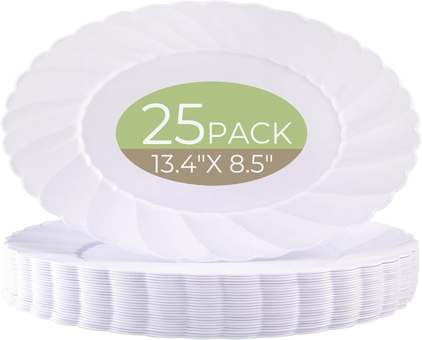 U-QE 25 Count Oval White Plastic Plates - 13.4 inch Large Disposable Plates Heavy Duty, Ideal for Party, BBQ, Picnic and Weddings