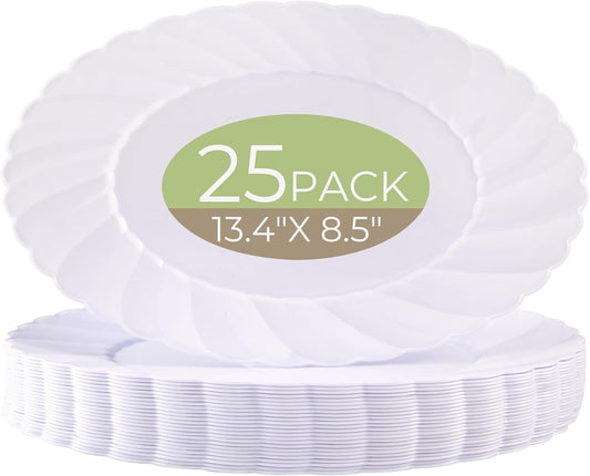 U-QE 25 Count Oval White Plastic Plates - 13.4 inch Large Disposable Plates Heavy Duty, Ideal for Party, BBQ, Picnic and Weddings
