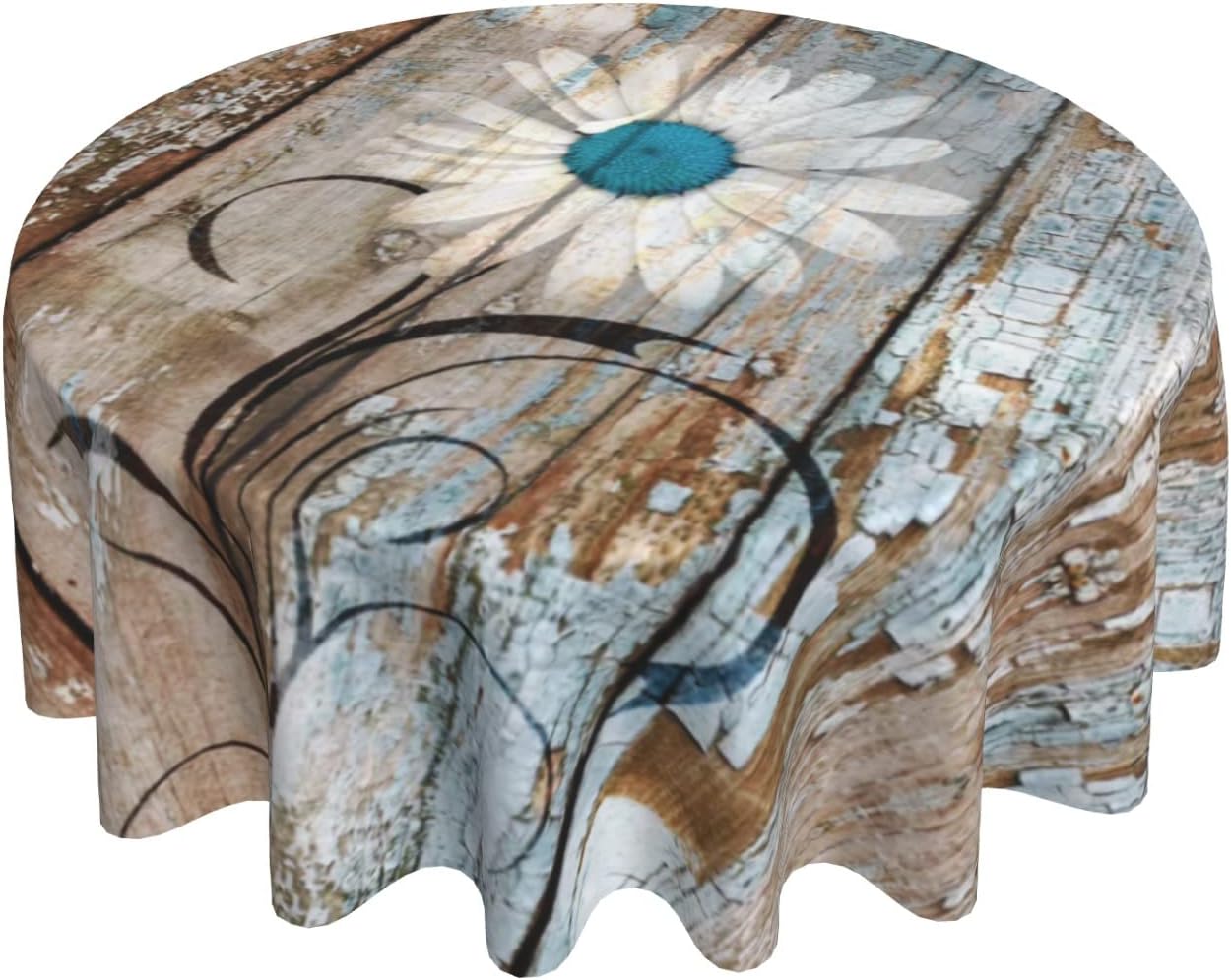 Giwawa Rustic Daisy Round Tablecloth 60" Vintage Flower on Wood Grain Board Circle Table Cloth Cabin Country Style Table Cover Heat Resistant for Kitchen Dining Indoor Outdoor Farmhouse Decor