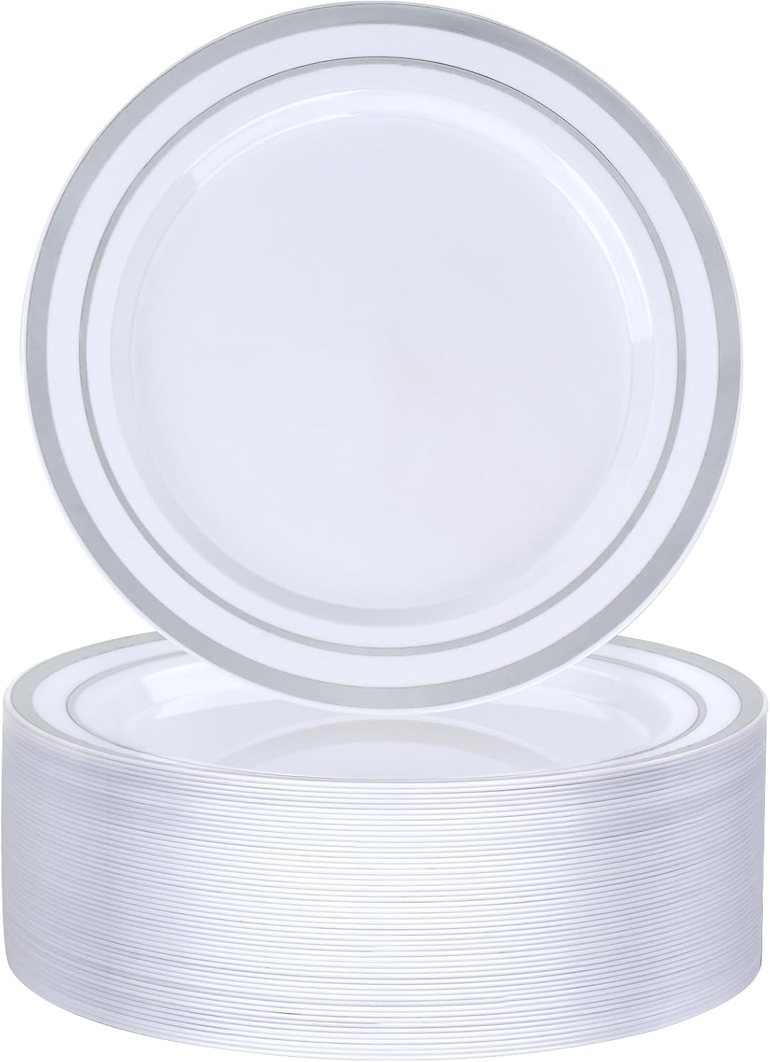 BESTVIP 50PCS 7 Inch Silver Plastic Plates, Disposable Salad Dessert Plate with Silver Rim for Christmas, Thanksgiving, Heavy Duty Disposable Plastic Plates for Parties, Wedding and Birthday, Events