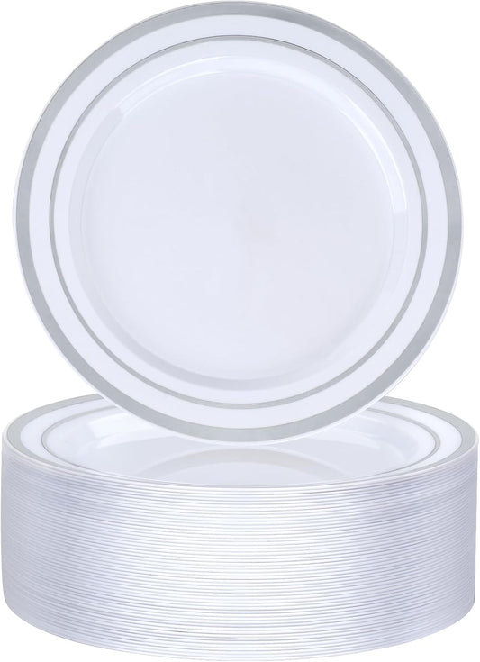 BESTVIP 50PCS 7 Inch Silver Plastic Plates, Disposable Salad Dessert Plate with Silver Rim for Christmas, Thanksgiving, Heavy Duty Disposable Plastic Plates for Parties, Wedding and Birthday, Events