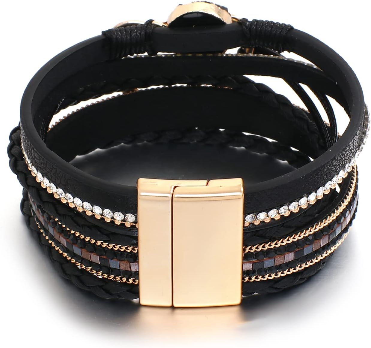 Leather Wrap Bracelet for Women Beaded Cuff Bracelet with Heart-shape Decor Bohemian Crystal Bracelet Jewelry with Clasp Bangle Bracelet for Women Girls Birthday Holiday Gift