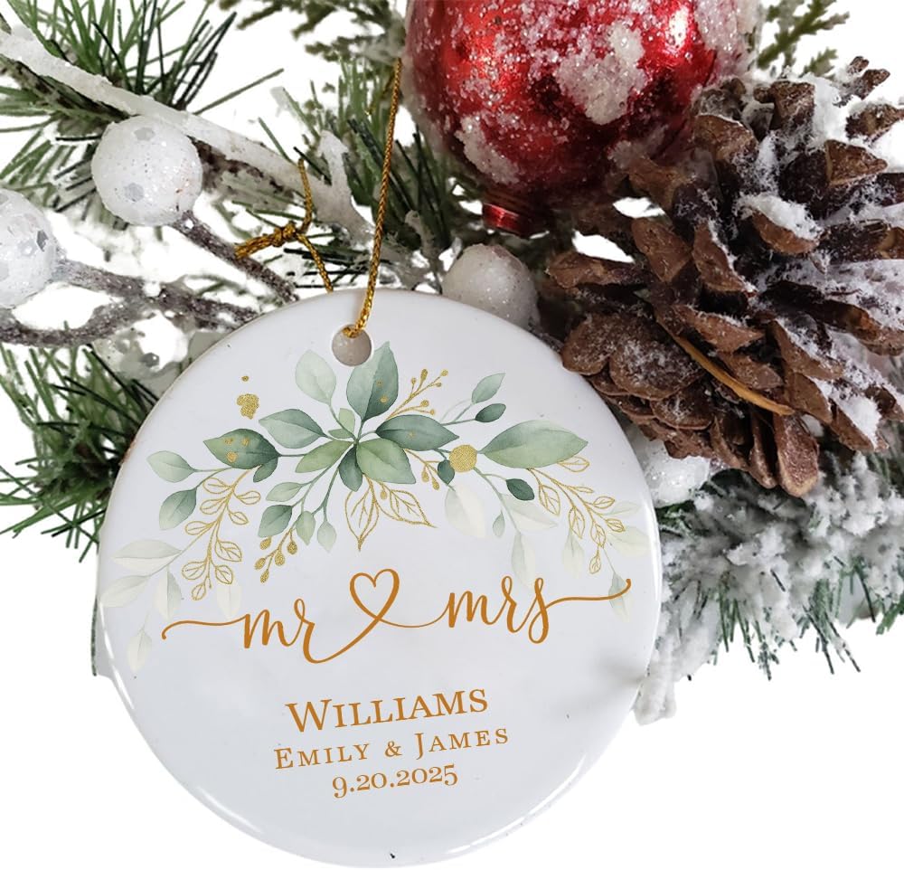 Personalized Mr and Mrs Wedding Ornament with Last Name and Date, Custom Heart Botanical Christmas Keepsake for Newlyweds – Romantic Wedding Gifts for Couple