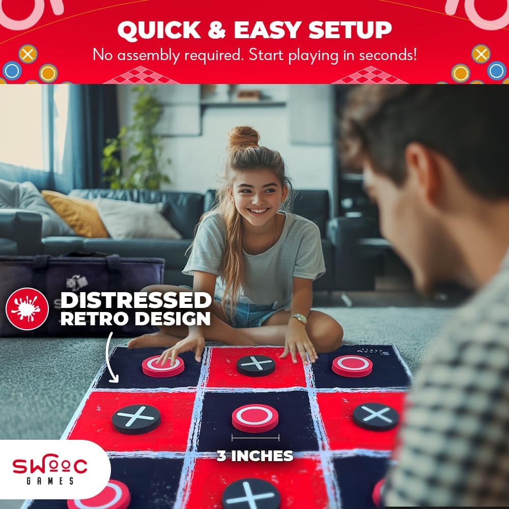Swooc Games® - 2-in-1 Vintage Giant Checkers & Tic Tac Toe Game W/Mat (3ft x 3ft) - 100% Machine-Washable Canvas - Giant Outdoor Games for Kids - Yard Game for Kids - Jumbo Lawn Set - Large Checkers