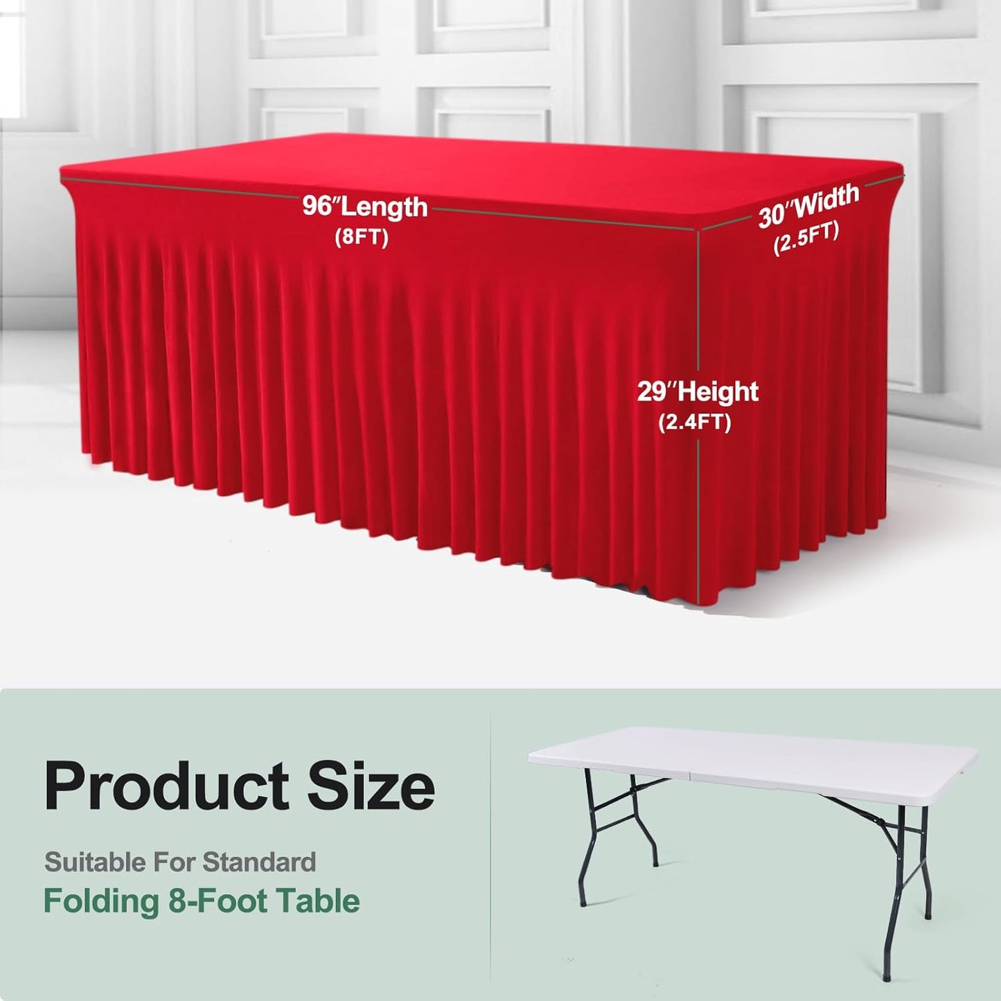 Table Skirts for Rectangle Tables 8ft - 2 Pack One-Piece Red Tablecloths and Skirt, Wrinkle Resistant Ruffles Elastic Cover for Banquets, Weddings, Events, Parties