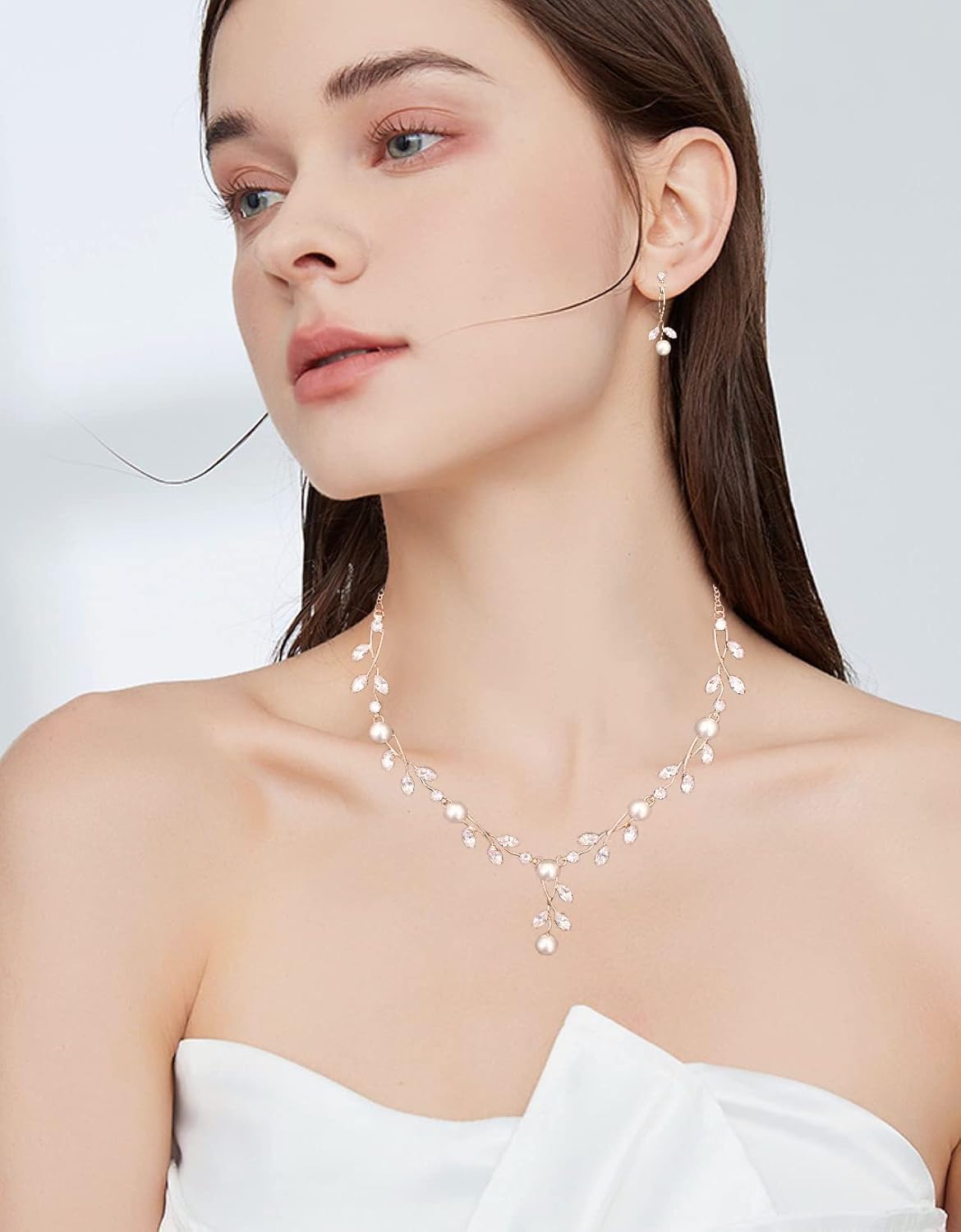 Luxury Cubic Zirconia Aurtrian Crystal Pearl Floral Necklace Dangle Earrings Wedding Bridal Jewelry Set Birthday Gifts for Her