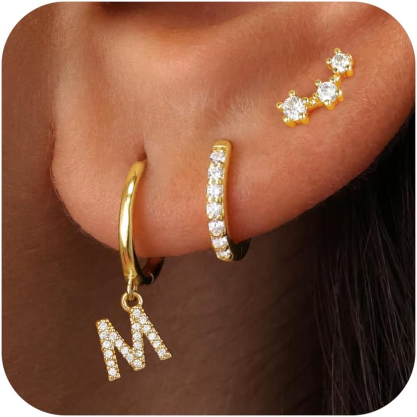 Gold Earrings for Women Girls - 3 Pairs Gold Huggie Hoop Earrings for Girls with Initial Dangle Cartilage Earrings Studs Hypoallergenic Earring Set for Multiple Piercing Gifts for Women Girl