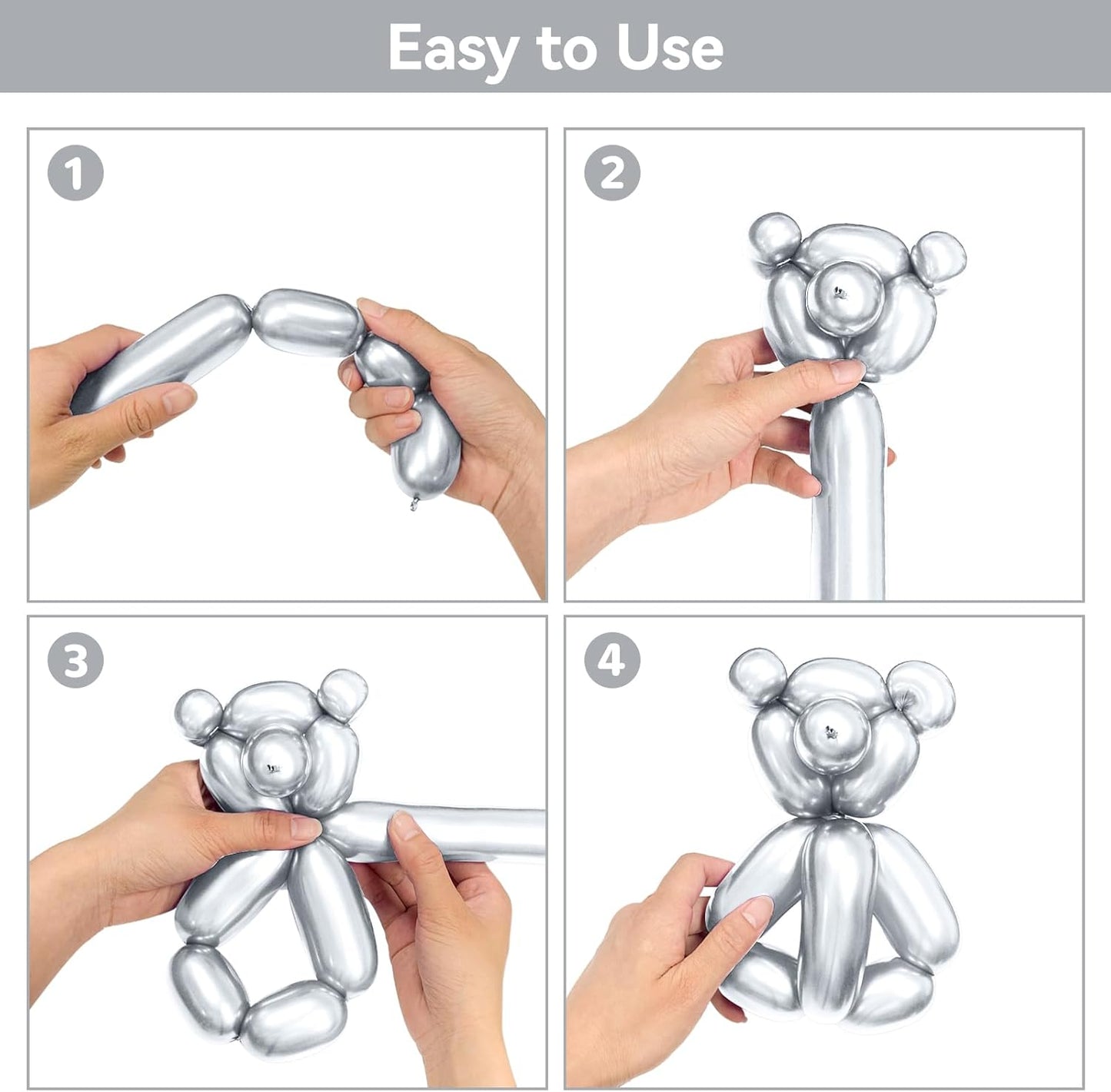 Metallic Silver Long Balloons Premium 260 Twisting Magic Balloons for Birthday Kids Wedding Party Supply 100pcs