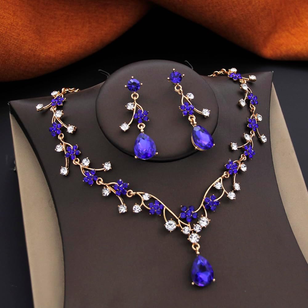 Jewelry Sets for Women Wedding Flower Necklace and Dangle Earrings Gold-Plated Rhinestones Teardrop Pendants Necklace Set for Bridal Party Accessories