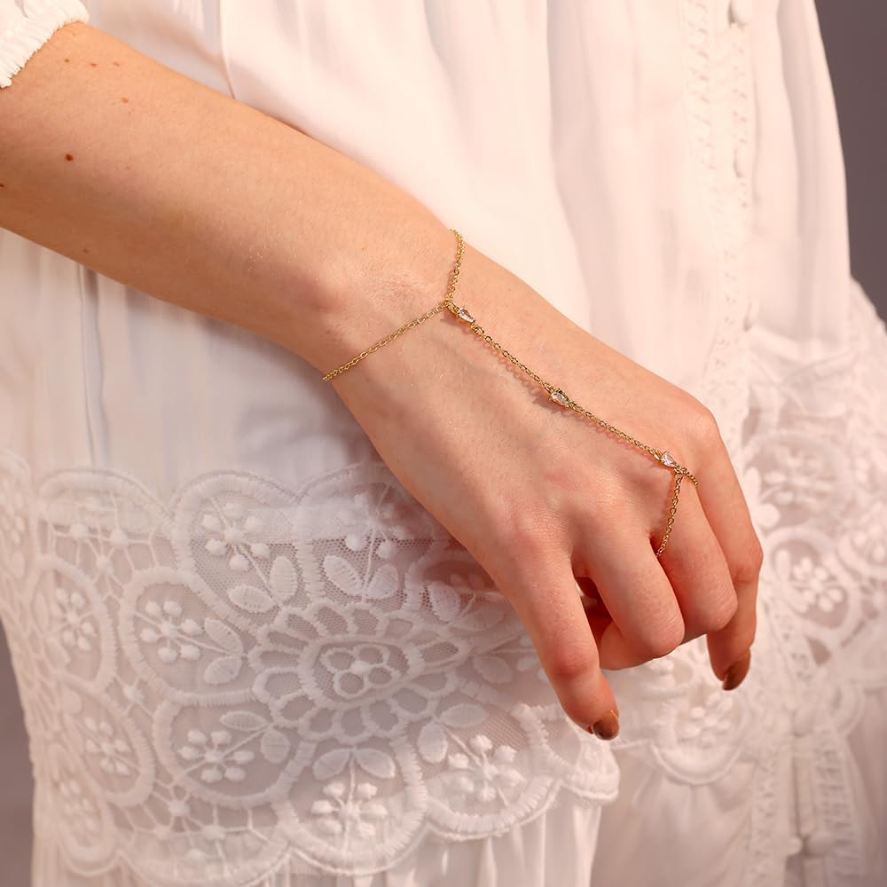 Listine Hand Chain Bracelet 14K Gold Plated Ring Bracelet Hand Chain Trendy Stuff for Women Dainty Hand Bracelets with Finger Ring Hand Jewelry for Women