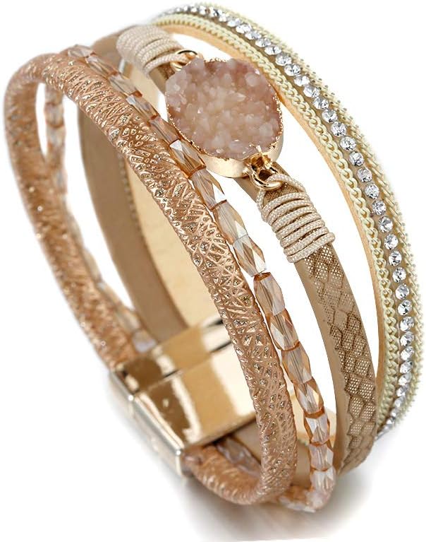 Fesciory Leopard Bracelet for Women, Boho Leather Wrap Multi-Layer Pearl Crystal Bracelet Bangle Jewelry