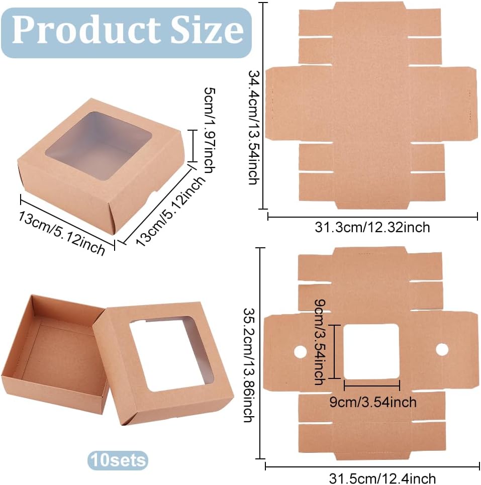 BENECREAT 10PCS Brown Kraft Paper Box with Clear Window, 5.12x5.12x1.97inch Square Kraft Paper Gift Box for Wedding Party Gifts, Festival Jewelry Packaging, Candy Storage