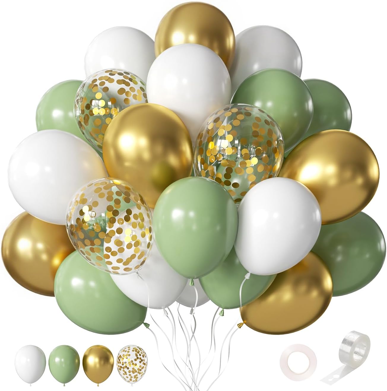 Sage Green Balloons, 60pcs 12inch Sage Green White Metallic Gold Confetti Balloons for Boho Birthday Baby Shower Bridal Shower Wedding Summer Party Decorations