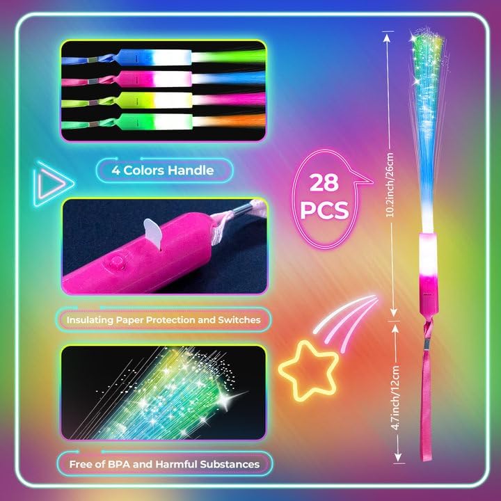 28 PCS Glow Fiber Wands Sticks, New Year's Glow Sticks, LED Light Wands, Glow in The Dark Party Supplies, Fiber Optic Wands, LED Flashing Sticks, Fiber Optic Light Wand Stick for Party