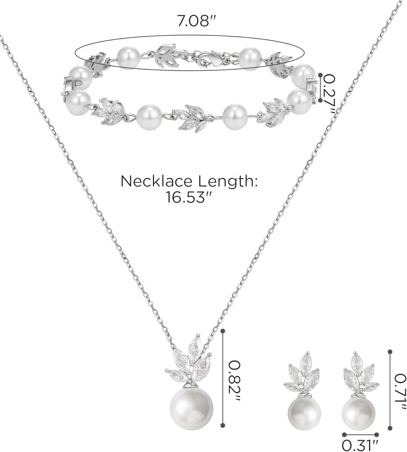 SWEETV Jewelry Set for Bride Women, Cubic Zirconia Pearl Bridal Earrings Necklace Bracelet Set, Bridal Jewelry Set for Wedding Prom