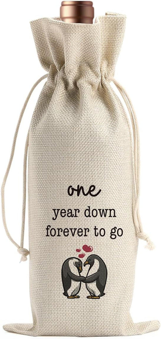 Gifts for First Anniversary for Couple Parents Husband Wife Vow Renewal Gifts One Year Down Forever to Go 1 year Wedding Anniversary Wine Gift Bag