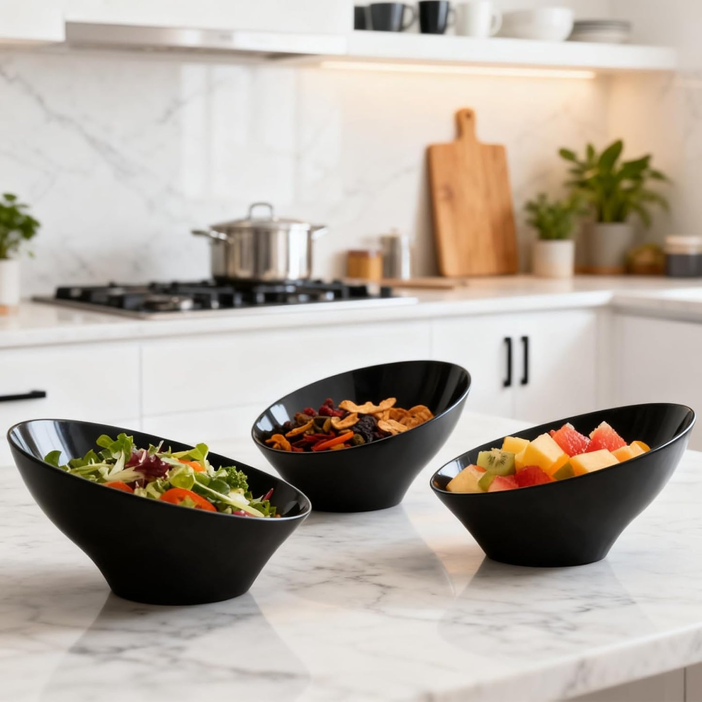 12pack Black Angled Plastic Bowls,20oz Salad Serving Bowls,Plastic Serving Bowl for Wedding, Party, Halloween, Catering