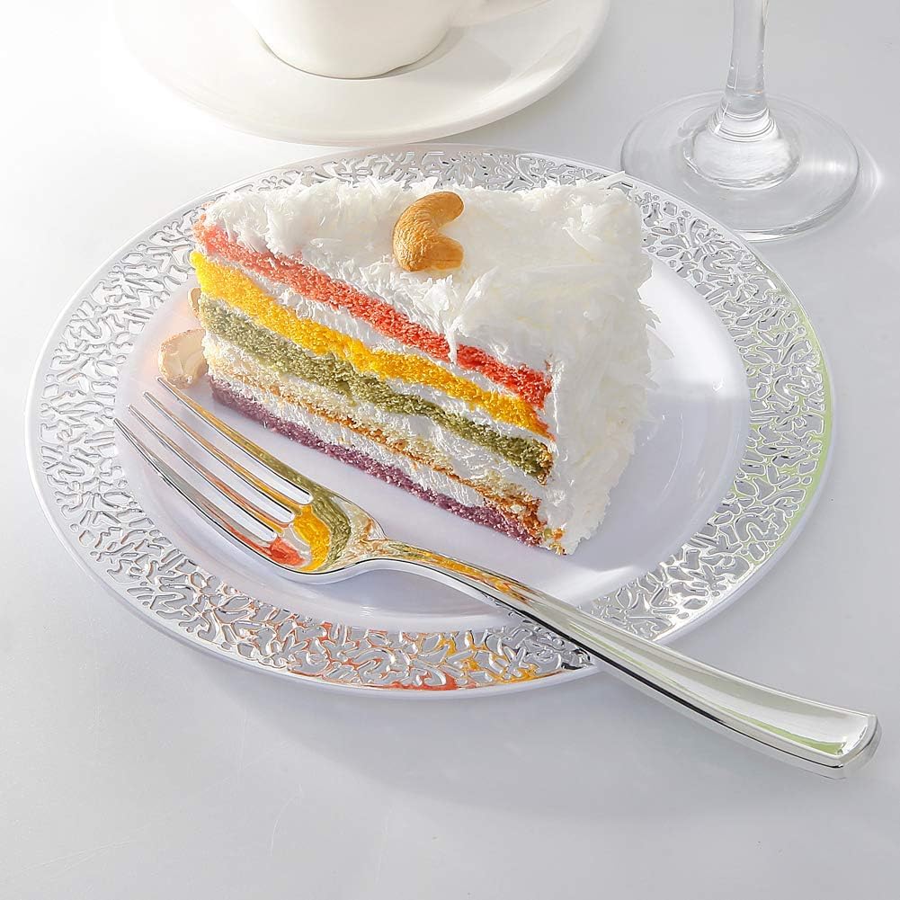 WDF 100pcs Silver Plastic Dessert Plates 7.5" with 100 Pieces Disposable Forks 7.4", Silver Plates Appetizer Plates Small Plates, Fancy Salad Plate and Cake Plate for Christmas Party/Wedding