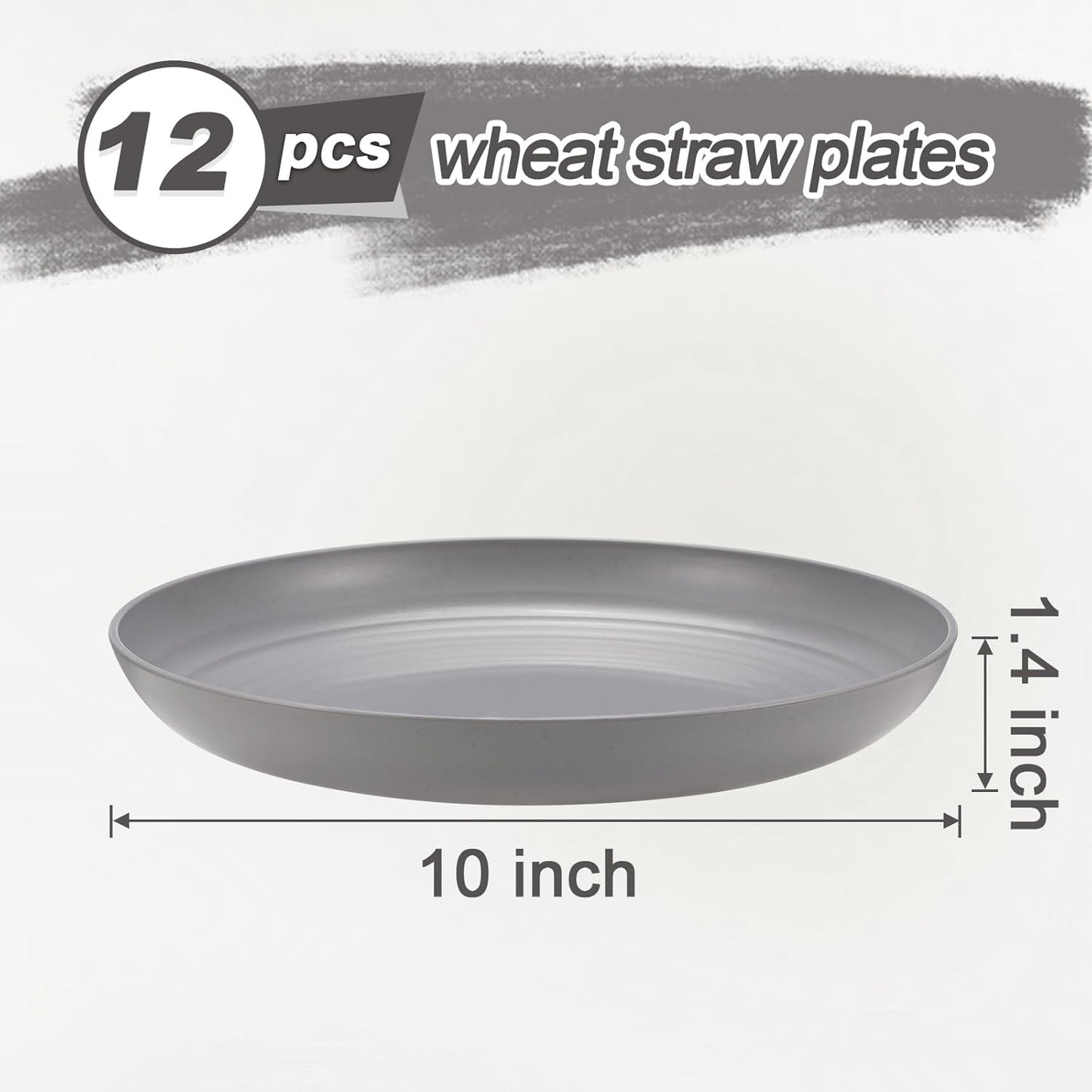 12 Pcs Unbreakable Deep Dinner Plates Set, 10 inch Reusable Plastic Wheat Straw Plates, Microwave and Dishwasher Safe Plate for Kitchen, Lightweight Plate for Dessert, BPA Free, Gray