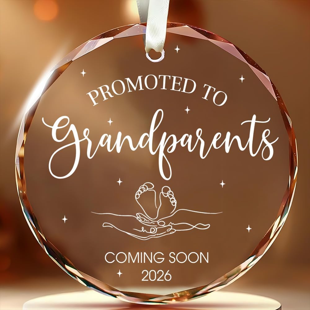 Christmas Grandparents Gifts - Promoted to Grandparents 2026 Ornament - First Time Grandparent Gifts for Grandma Grandpa - Baby Pregnancy Announcement Gift - Round Glass Ornament