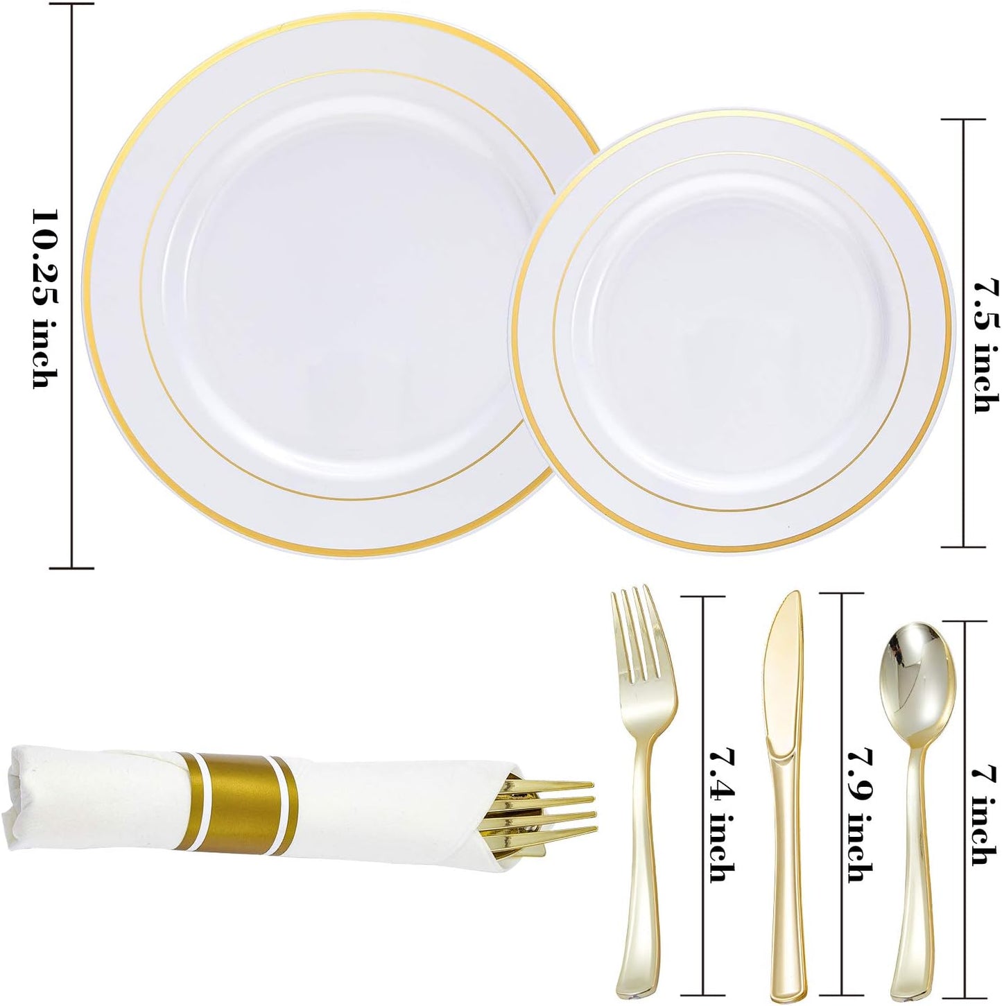 Gold Plastic Plates and Disposable Silverware w/Per-Rolled Napkins,Home Parties Heavy Duty Dinnerware incl Dinner Plates,Linen Like Napkin, Cutlery(72 pcs,12 Guests)
