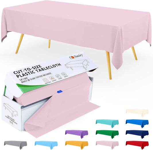 Smiry 54 Inch x 300 Feet Disposable Table Cover Roll, Pink Plastic Table Cloth in Cut-to-Size Box with Slide Cutter, Waterproof Rectangle Tablecloths for Weddings, Banquets, Outdoor
