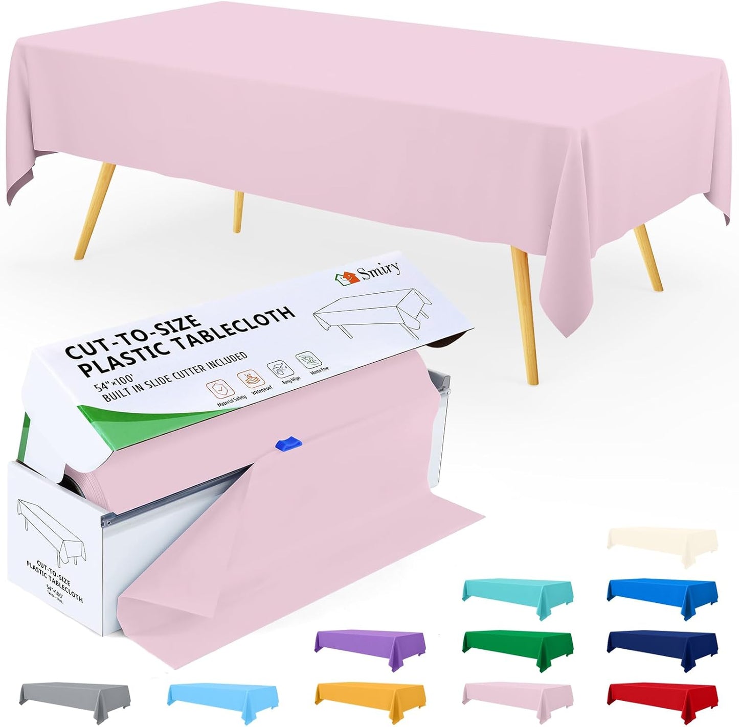 Smiry 54 Inch x 100 Feet Disposable Table Cover Roll, Pink Plastic Table Cloth in Cut-to-Size Box with Slide Cutter, Waterproof Rectangle Tablecloths for Weddings, Banquets, Outdoor