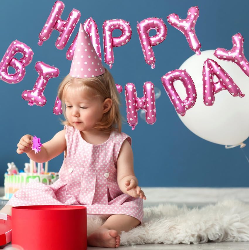 KALOR Pink Happy Birthday Balloons Banner, 16 Inch Mylar Foil Letters Balloon Sign for Women, Men, Boys & Girls Kids Birthday Decorations Photo Backdrop