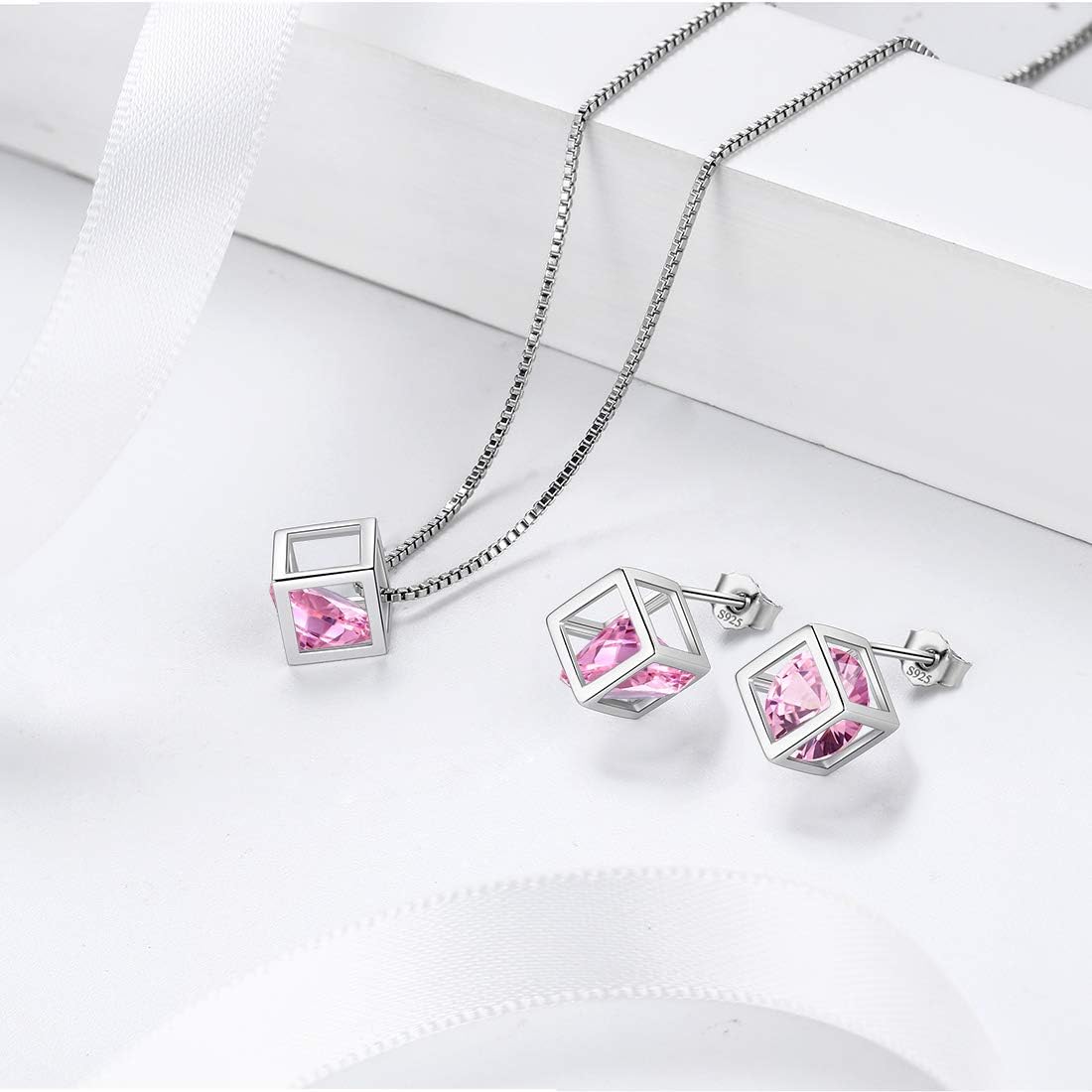 Aurora Tears Birthstone Necklace/Earring 925 Sterling Silver Women Cross/3D Cube/Cresent Moon Birth Stone Jewelry Mens Birthday Gift Anniversary Present