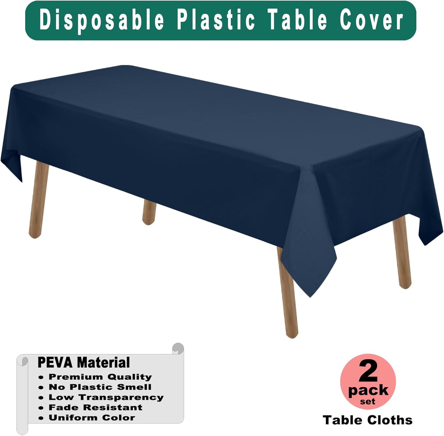 PARTY ULYJA Navy Blue Plastic Tablecloths 2 Pack 54 x 108 Inch Rectangle PEVA Vinyl Dark Table Covers for Parties, Picnic, Wedding's, 8 ft Table Use