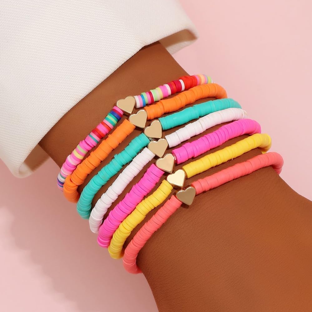 Friendship Bracelets for Women - Heishi Surfer Colorful Smile Evil Eye Clay Beaded Stretch Bracelets Elastic Layering - Stackable Boho Disc Y2K Aesthetic Summer Jewelry Set.