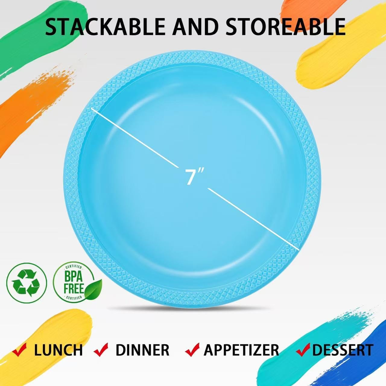 WELLIFE 7 Inch Plastic Plates Light Blue 50 Count Disposable Plate for Party, Dessert Small Plates for Dinner Cake Salad Supplies Birthday