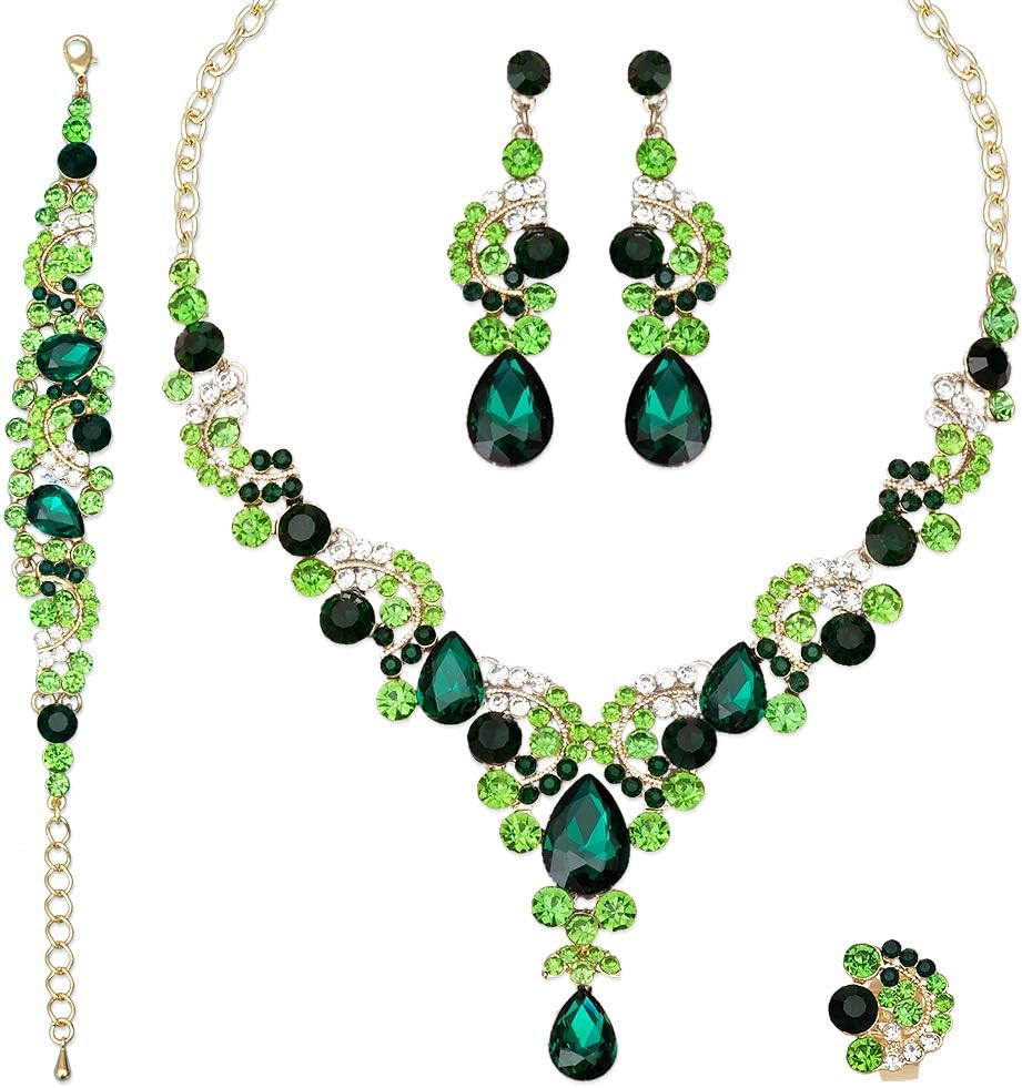 CSY Elegant Crystal Necklace Earrings Bracelet Ring Bridal Wedding Party Costume Jewelry Sets for Brides Women