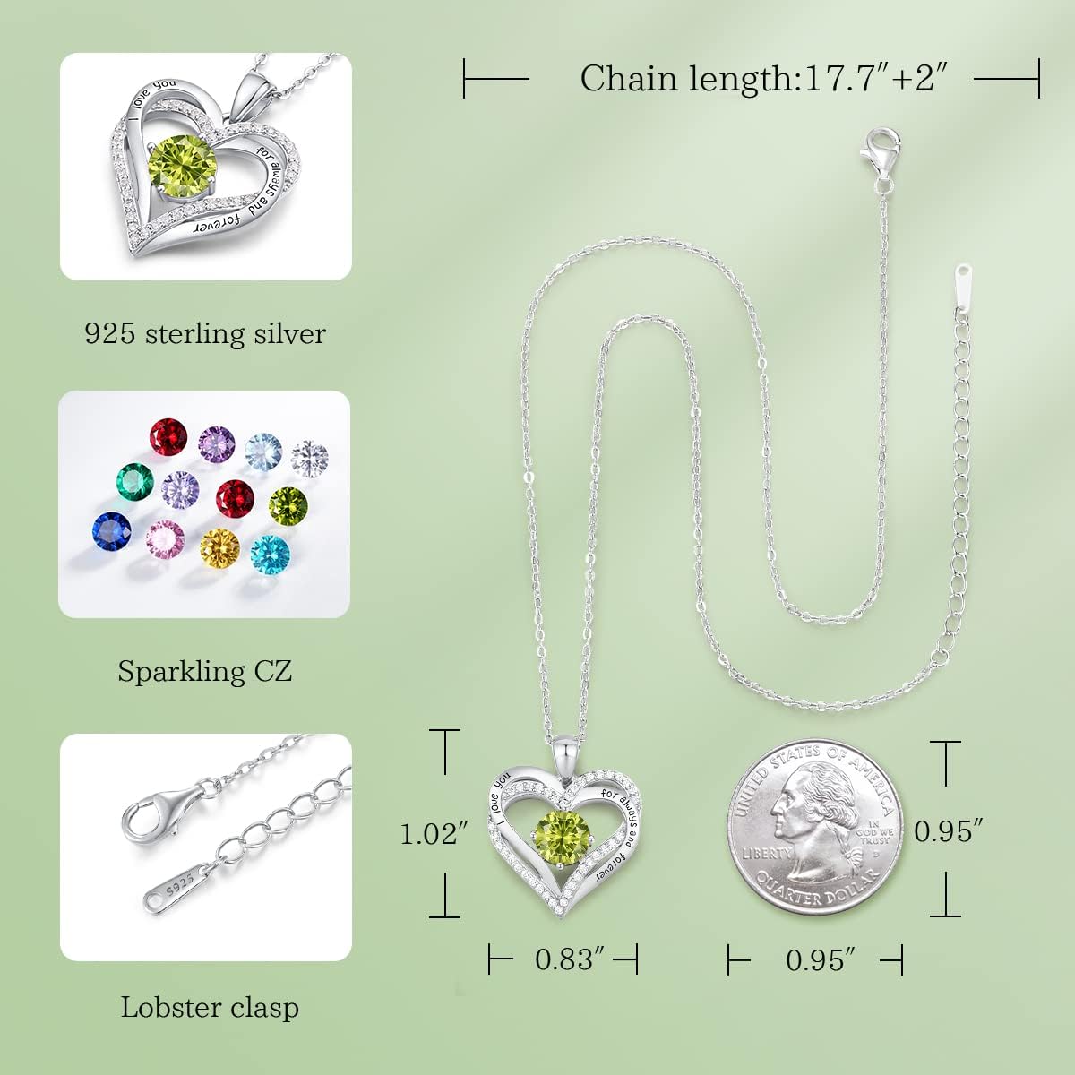 CDE Forever Love Heart Necklaces for Women, Wedding Anniversary, Birthday Mothers Day Christmas Day Gifts for Mom, Mother, Wife, friend, S925 Silver Jewelry with Birthstone Pendant