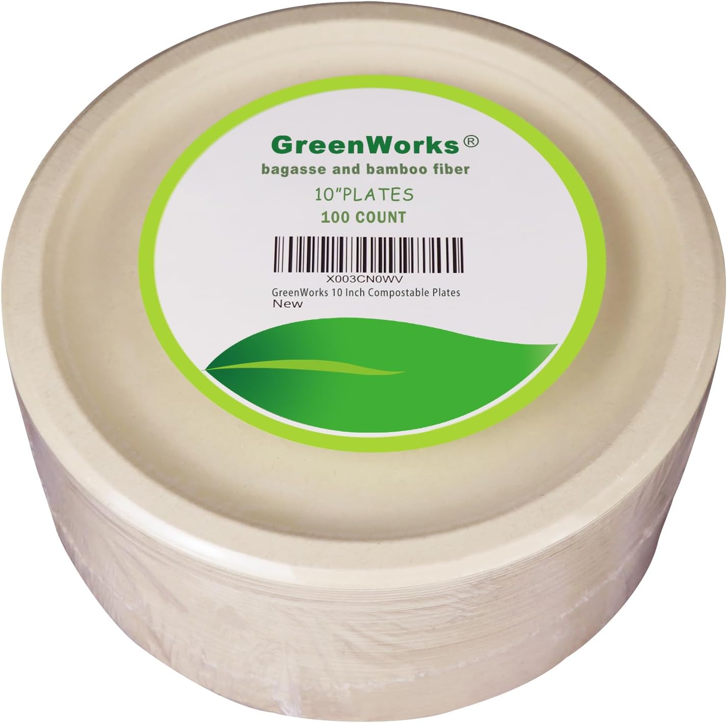 GreenWorks 100 Count 10“ Heavy-duty Compostable Plates, Unbleached Biodegradable Bagasse and Bamboo fiber Paper Plates