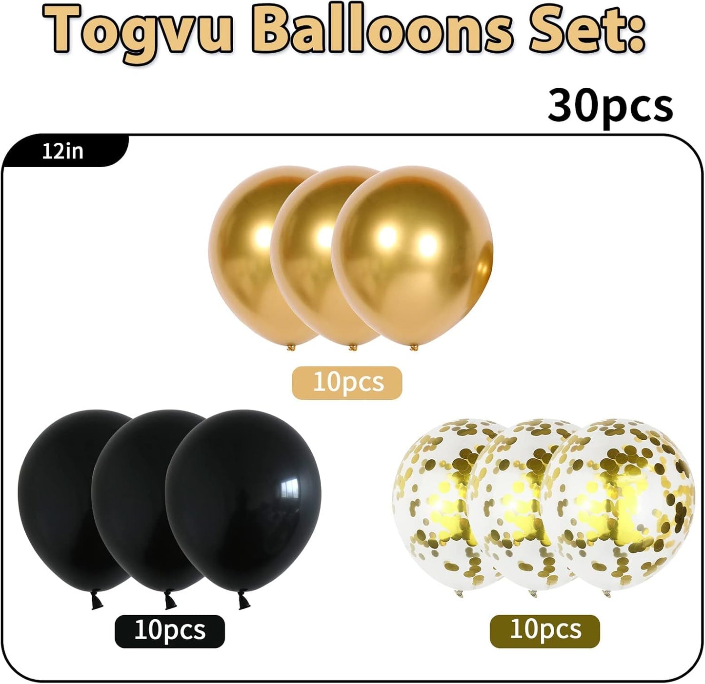 Black and Gold Confetti balloons, 30 PCS Matte Black Metallic Chrome Gold Confetti Latex Balloons with Ribbon, Gold Black Party Balloons for Wedding Birthday Shower Baby Shower Graduation Decoration