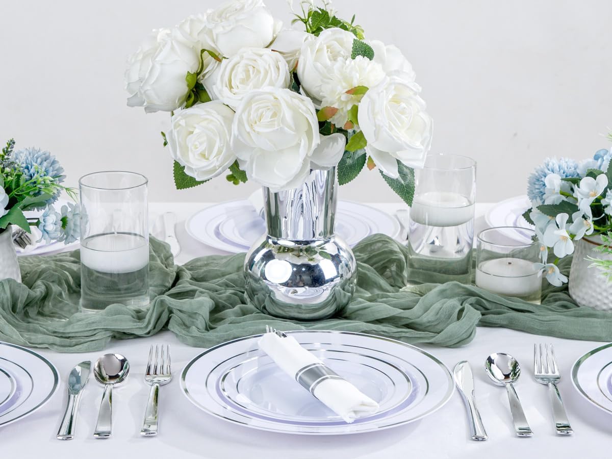 50Guests Pre Rolled Silver Plastic Silverware Sets - Heavy Duty Silver Cutlery - Include 50 Pack Wrapped Disposable Utensils with Napkins for Parties & Dinners & Weddings