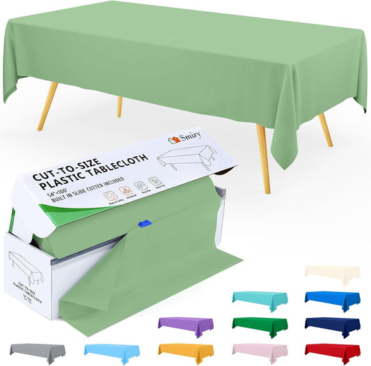 Smiry 54 Inch x 300 Feet Disposable Table Cover Roll, Sage Green Plastic Table Cloth in Cut-to-Size Box with Slide Cutter, Waterproof Rectangle Tablecloths for Weddings, Banquets, Outdoor