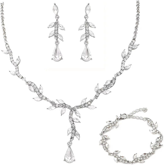 Crystal Necklace Earrings Bracelet Rhinestone Choker Necklace Bridal Wedding Jewelry Set For Brides Bridesmaid Women Party Accessory