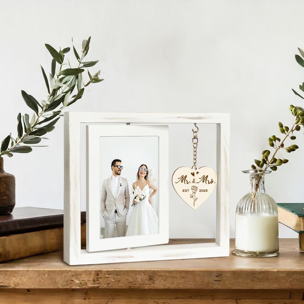 Rotating Wedding EST 2025 Picture Frame 4x6, Mr & Mrs Gifts, Bridal Shower & Engagement Gifts for Couples & Newlyweds