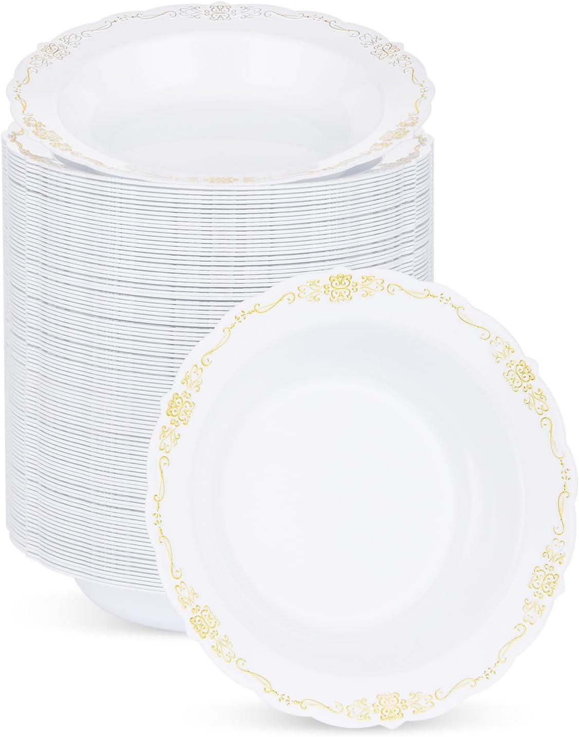 100 Pack White Plastic Bowls with Gold Rim, 12oz Disposable Soup Bowl, Heavy Duty Dinner Bowls for Party, Weddings, Dinners, Catering and Everyday Use