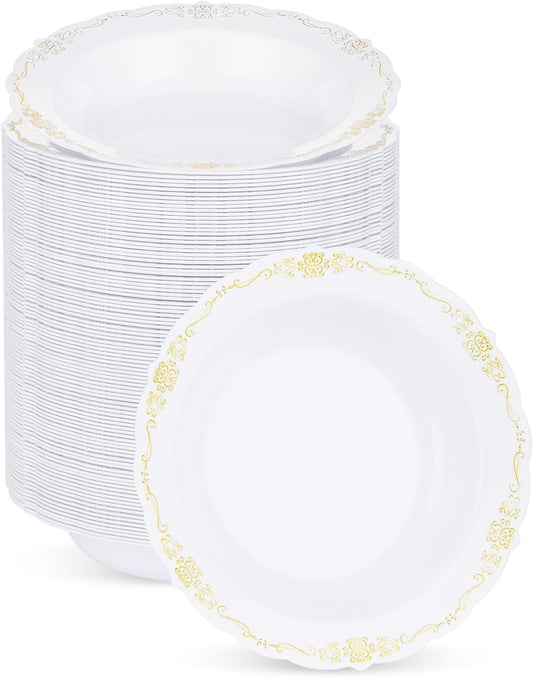 100 Pack White Plastic Bowls with Gold Rim, 12oz Disposable Soup Bowl, Heavy Duty Dinner Bowls for Party, Weddings, Dinners, Catering and Everyday Use