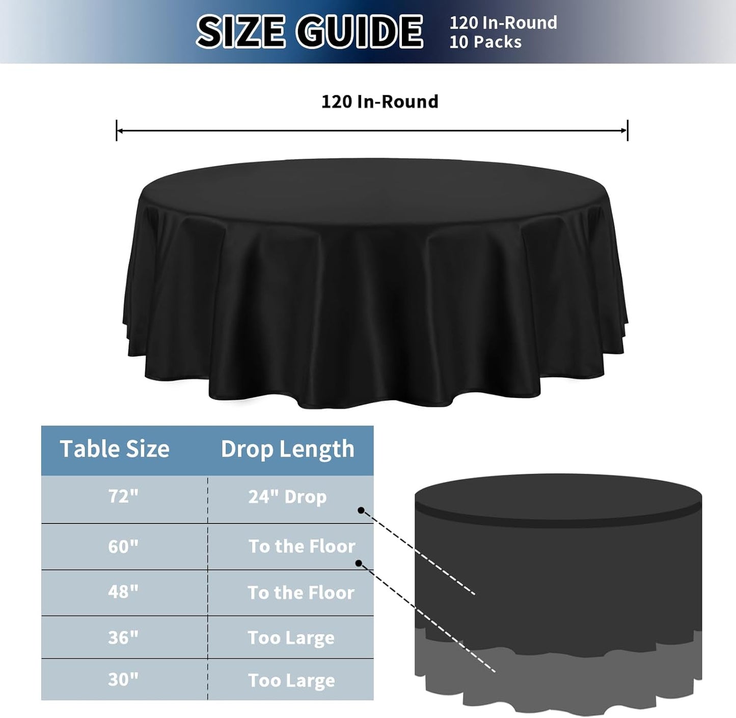 PureFit 10 Pack Round Black Table Cloths 120 Inch for Round Tables, Stain and Wrinkle Resistant Table Linens for Home Use, Wedding, Party, Banquet and Camping