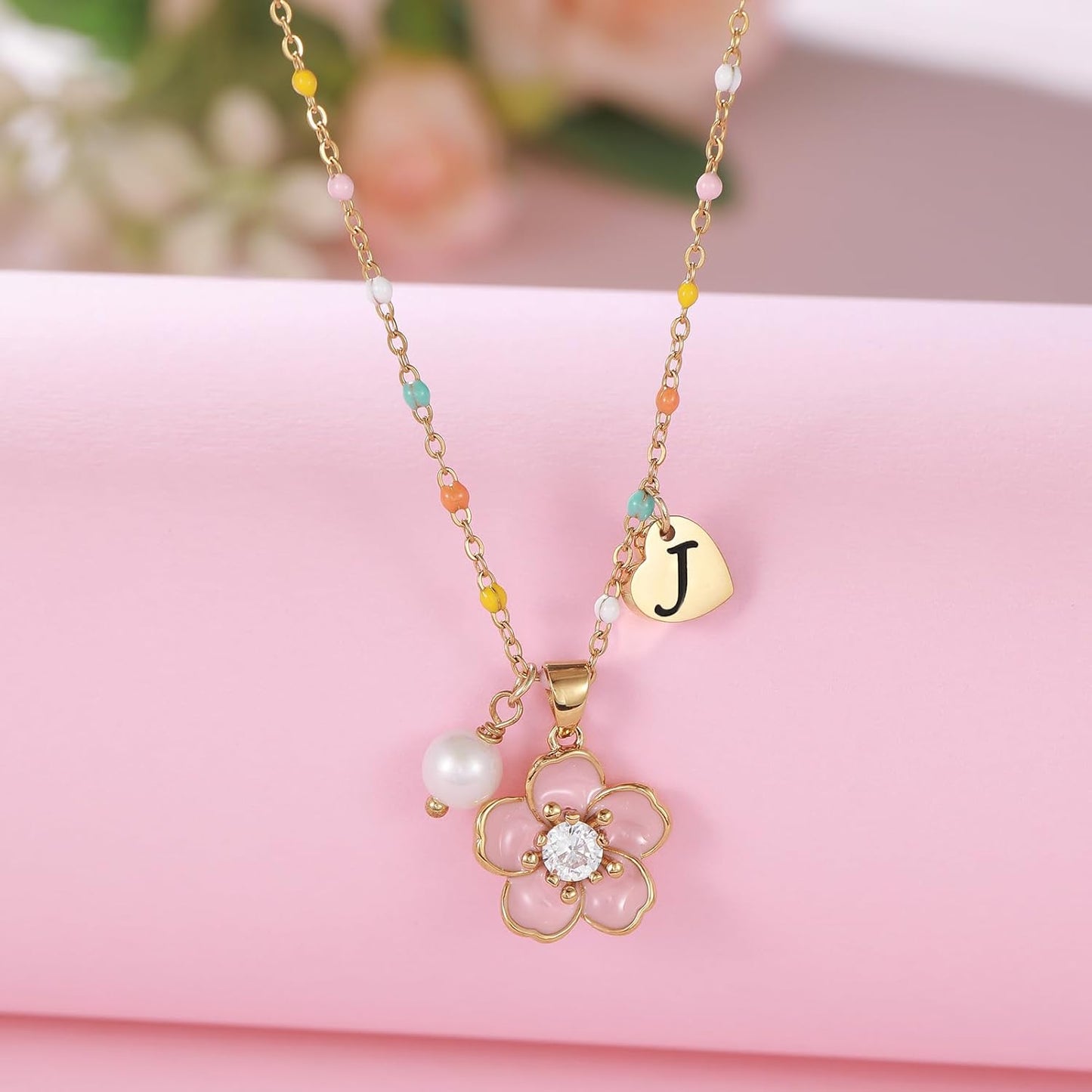 DS Flower Girl Necklace Gifts |Heart Initial Letter Flower Necklaces with Pearl Charm for Women | Personalized Wedding Proposal Bridal Shower Party Jewelry Gift | 18K Gold Plated Stainless Steel