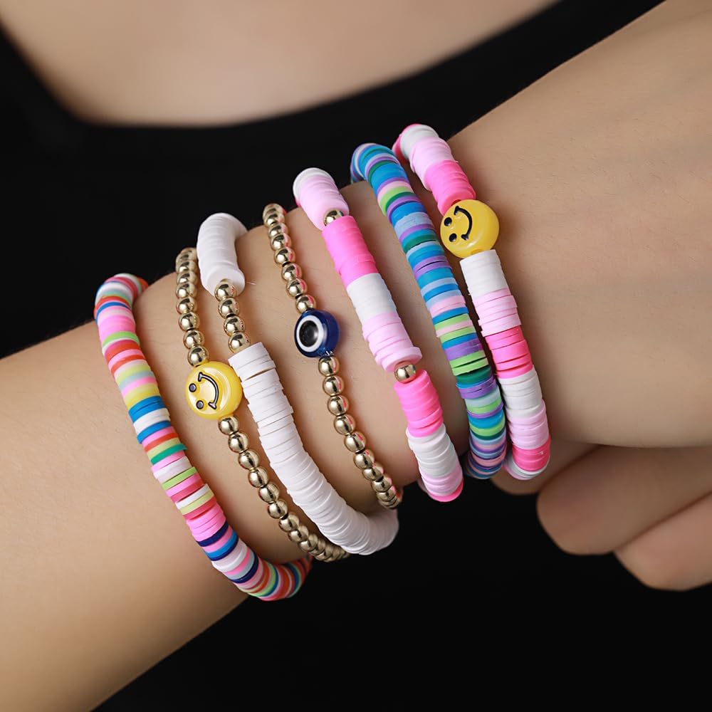 Friendship Bracelets for Women - Heishi Surfer Colorful Smile Evil Eye Clay Beaded Stretch Bracelets Elastic Layering - Stackable Boho Disc Y2K Aesthetic Summer Jewelry Set.