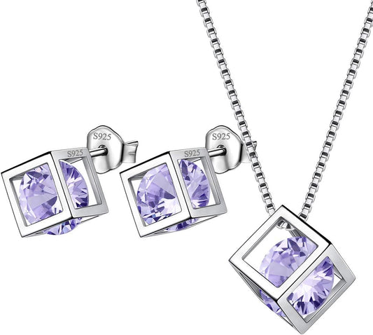 Aurora Tears Birthstone Necklace/Earring 925 Sterling Silver Women Cross/3D Cube/Cresent Moon Birth Stone Jewelry Mens Birthday Gift Anniversary Present