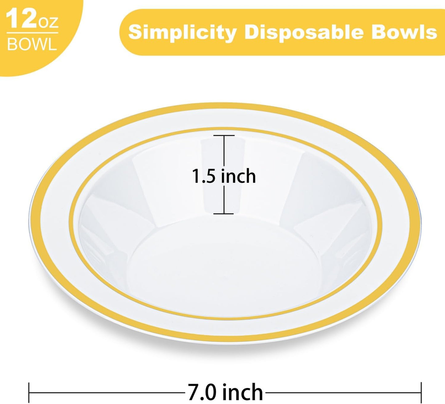 BESTVIP 200 Pack Plastic Bowls with Gold Rim, 12 Oz Disposable Bowls Disposable Bowls for Parties, Wedding, Christmas, Thanksgiving, Soak Proof Bowls for Breakfast, Lunch, and Dinner Meals