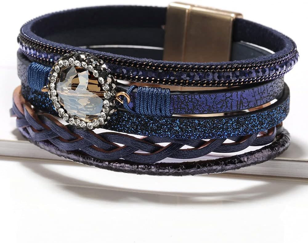 Fesciory Leopard Bracelet for Women, Boho Leather Wrap Multi-Layer Pearl Crystal Bracelet Bangle Jewelry