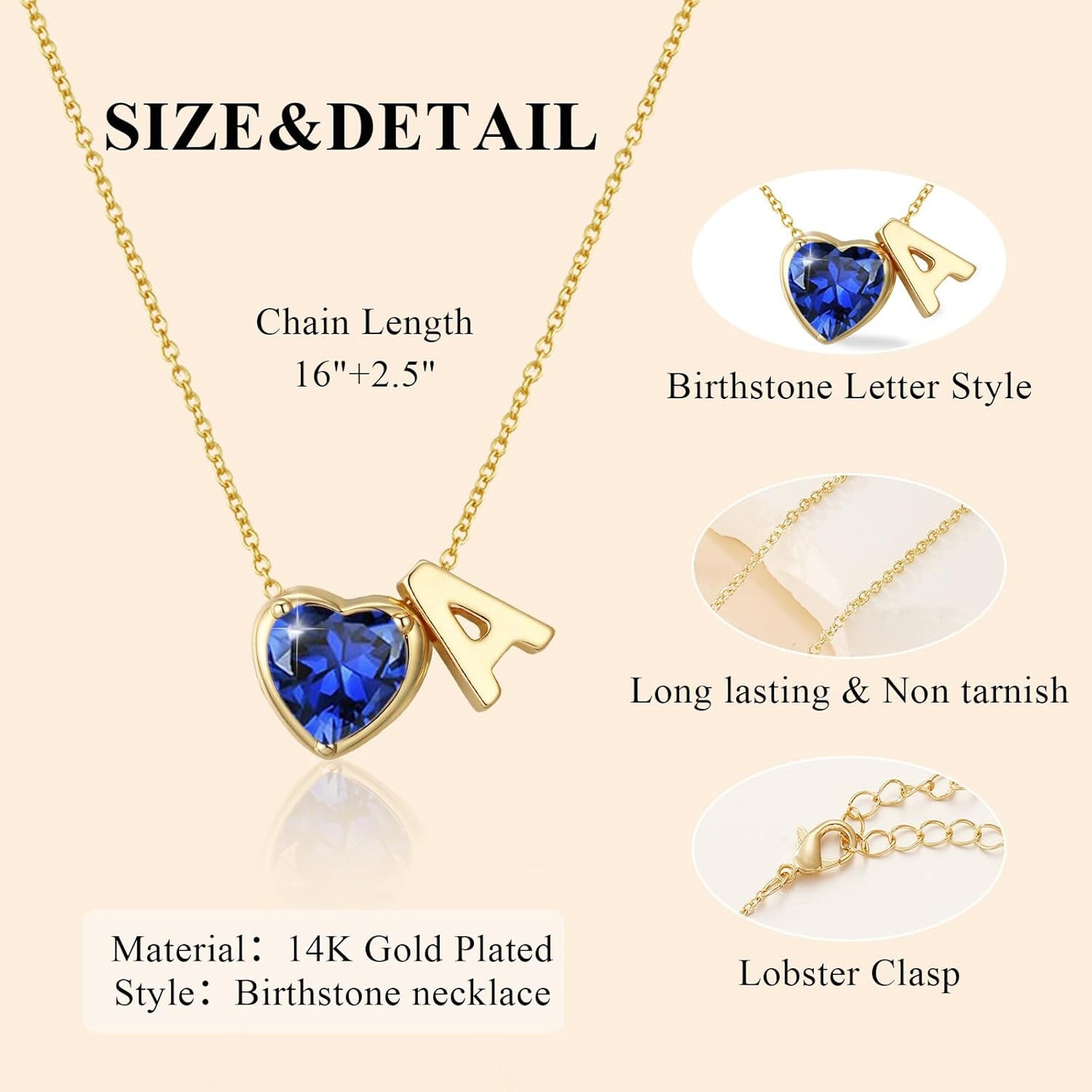 Heart Birthstone Initial Necklace for Women Girls,14K Gold Plated Heart Letter A-Z Necklace Dainty Birthday Trendy Jewelry Gifts for Women Girls Daughter