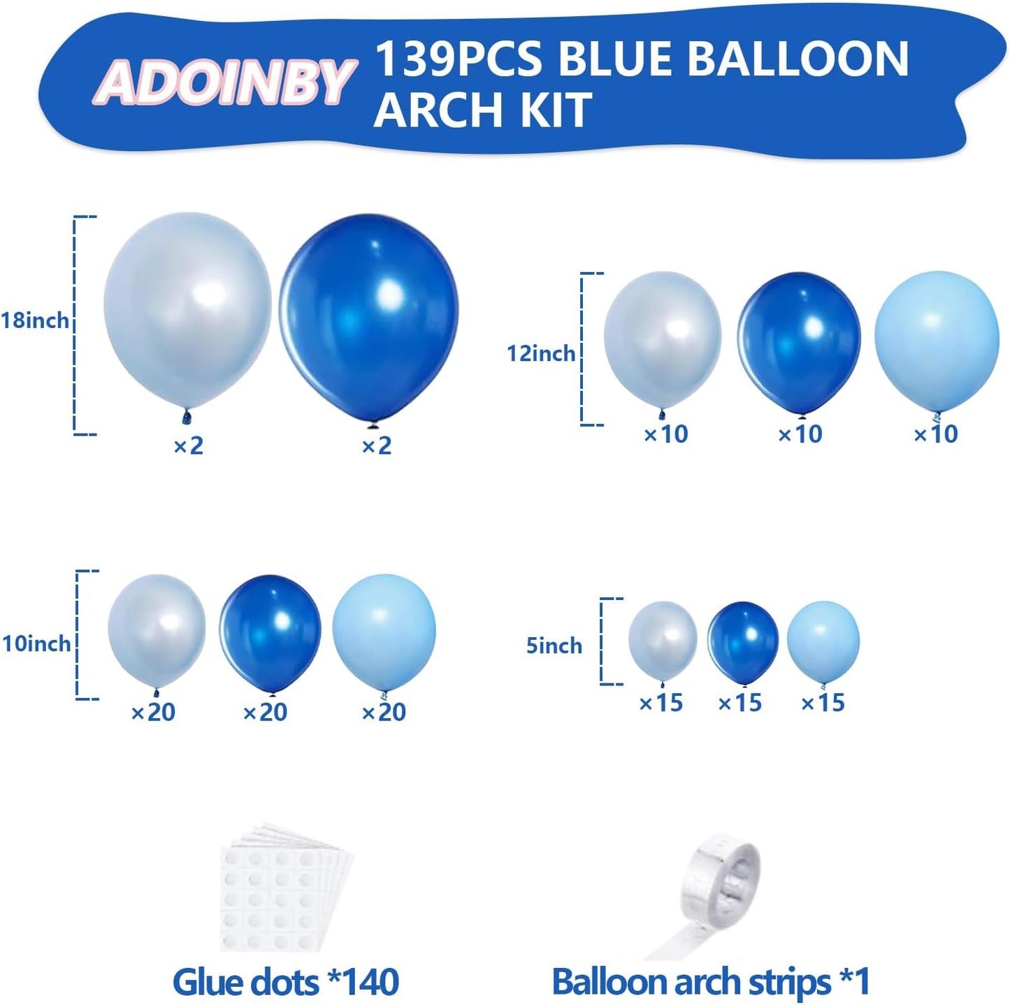 Blue Balloons Arch Kit, ADOINBY 139Pcs Macaron Blue Royal Blue Balloon Garland kit, 18 12 10 5 Inch Different Size Balloons for Baby Shower Graduation Boys Birthday Ocean Themed Party Decorations